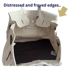 Load image into Gallery viewer, “Boatkin” Canvas Tote Bag w/ Gold Buckle Hardware - ivory with navy trim