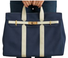 Load image into Gallery viewer, “Boatkin” Canvas Tote Bag w/ Gold Buckle Hardware - Navy
