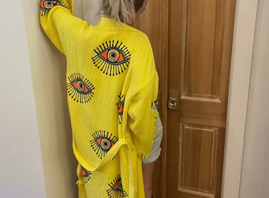 Yellow Evil Eye Turkish Kimono Robe